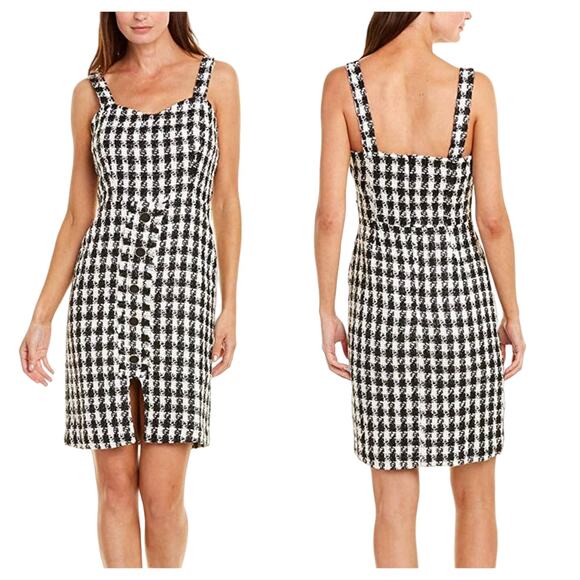 NWT J.O.A. Tweed Fringe Houndstooth Print Sleeveless Sheath Dress Split Hem XS - Picture 3 of 15
